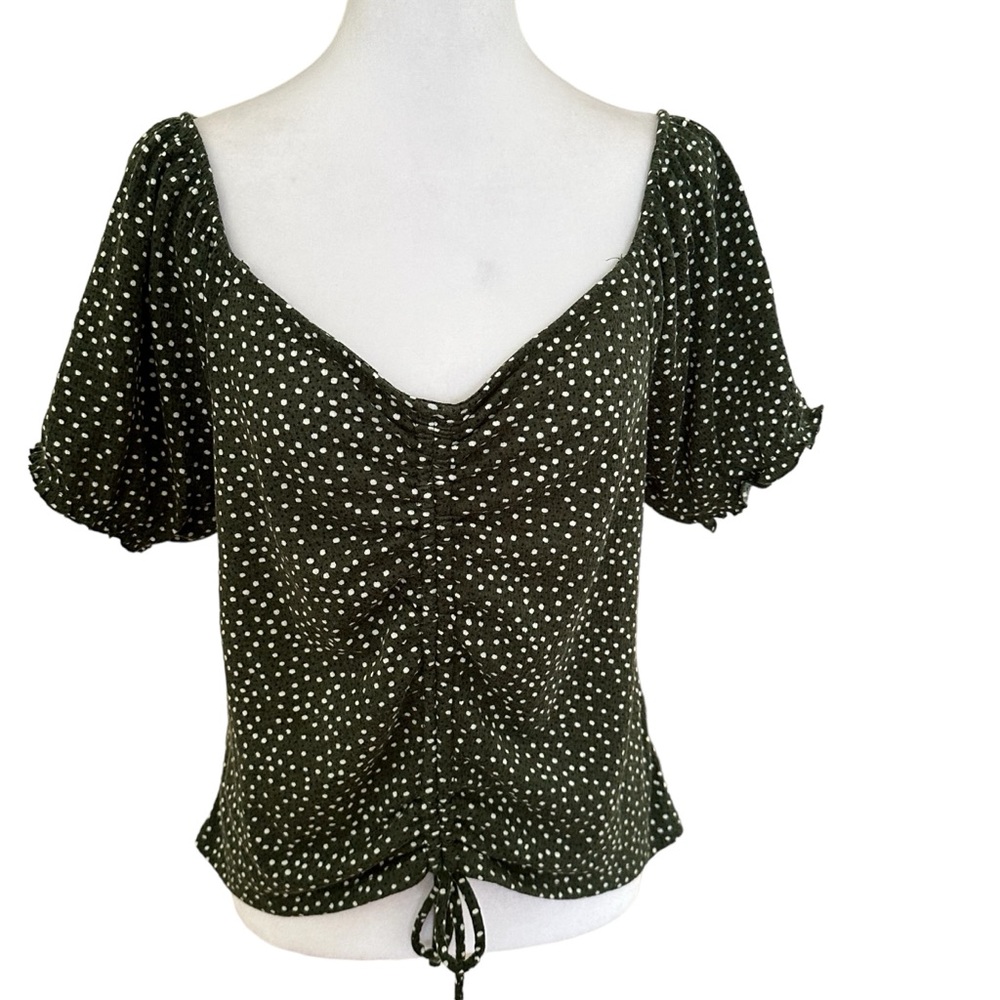 BP Women’s Short Sleeves Polka Dot Ruching Blouse Green & White Size L